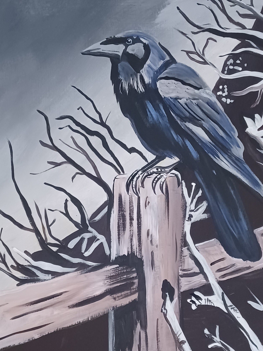 Monochrome Crow on Perch Wall Art Print - Blue/Gray